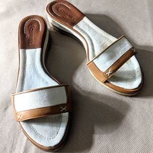 Chanel tan and beige flat wedge sandals leather and woven fabric material